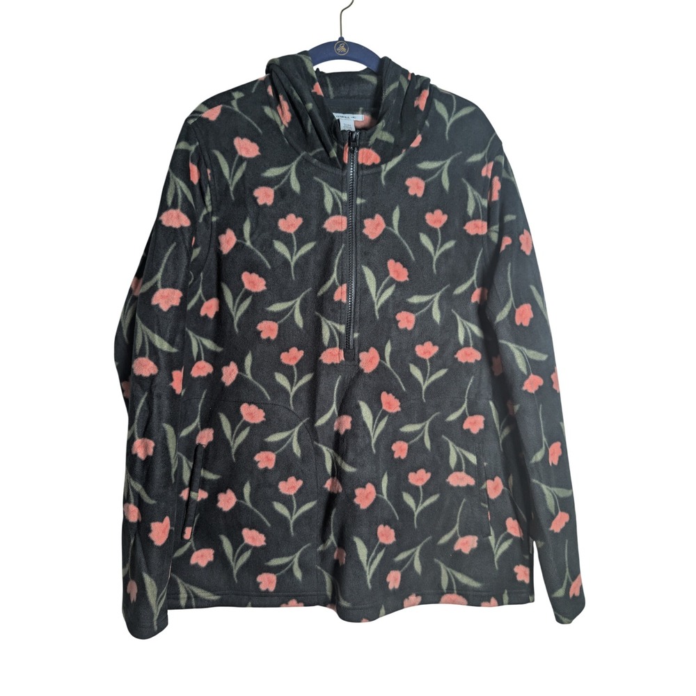O'Neill Fleece Hoodie Black Coral Floral Quarter Zip Pullover Comfy Size XL 0326